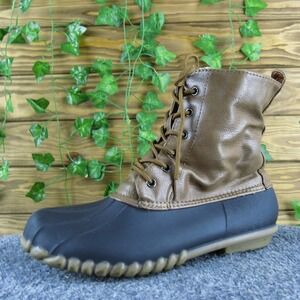 YUU France Women 7‎ Brown Synthetic Rubber Duck Boots Waterproof Zip Lace
